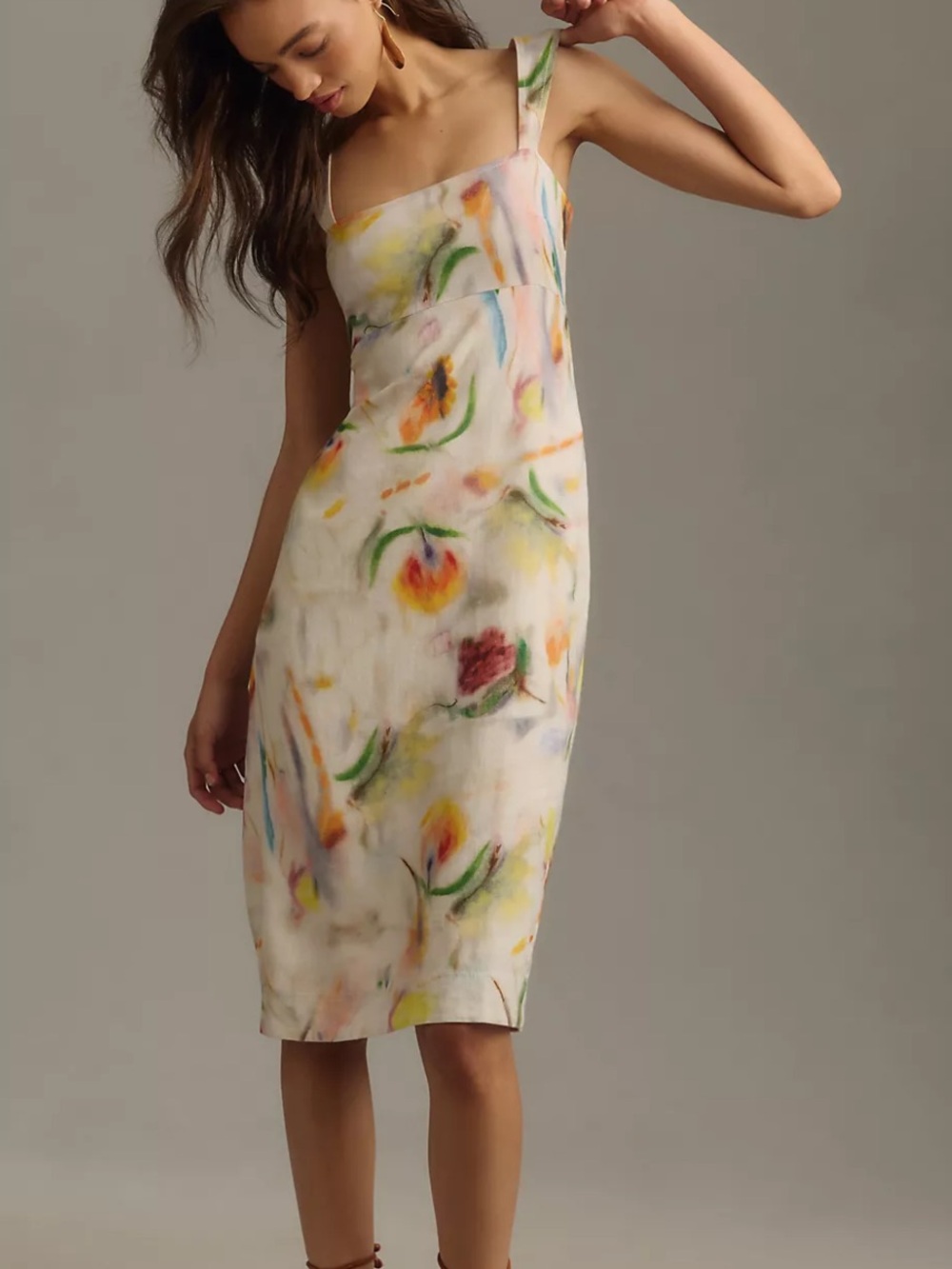 Anthropologie x Klaas Jonkman Square-Neck Linen Blend Midi Watercolor Floral